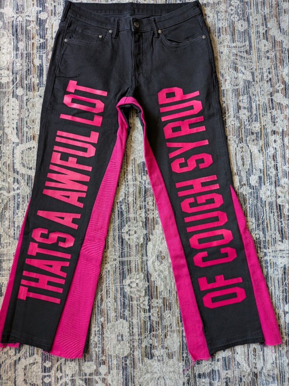 That's A Awful Lot Of Cough Syrup Denim Contrast Flare Pants Black Pink Size 34